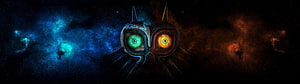 Majora's Mask split design with glowing green and orange eyes against a cosmic blue and red nebula background HD wallpaper