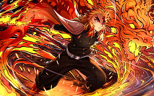 Kyojuro Rengoku from Demon Slayer wielding a katana surrounded by a massive roaring flame dragon HD wallpaper