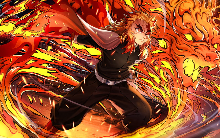 Kyojuro Rengoku from Demon Slayer wielding a katana surrounded by a massive roaring flame dragon HD wallpaper