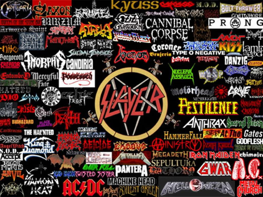 Classic Heavy Metal Band Logos Collage Featuring Slayer, AC/DC, Iron Maiden, and Megadeth HD wallpaper