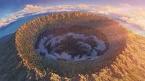 Made in Abyss Floating Island Landscape with Cloud-Filled Crater and Golden Sky HD wallpaper