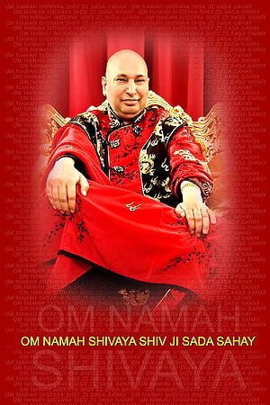 Shootera Guruji in ornate red ceremonial attire seated on a golden throne with sacred mantra text overlay HD phone wallpaper