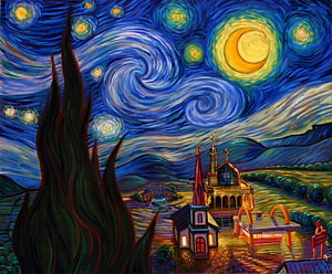 Vincent Van Gogh Style Starry Night with Village Church and Swirling Moonlit Sky HD wallpaper