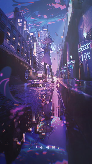 Anime Girl in Neon Cyberpunk City Street with Glowing Reflections HD phone wallpaper