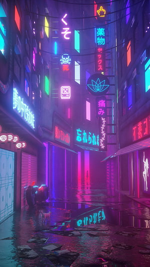 Neon-lit cyberpunk alleyway with glowing Japanese signs, wet reflective streets, and a lone cat in a futuristic dystopian cityscape HD phone wallpaper