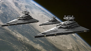 Star Wars Imperial Star Destroyers in Formation Over a Cloudy Planet HD wallpaper