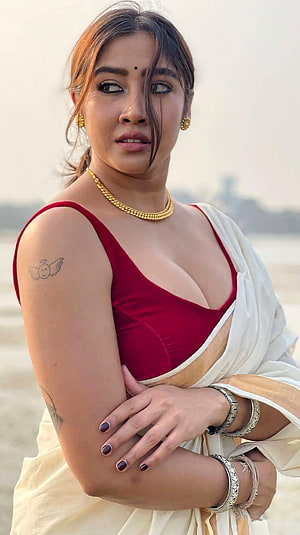 Woman in Red Blouse and White Saree with Gold Jewelry, Sophia, tiktok star, saree beauty, cleavage HD phone wallpaper