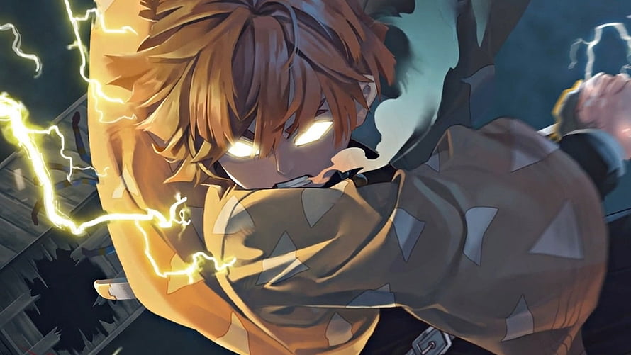 Zenitsu Agatsuma unleashing Thunderclap and Flash technique with glowing eyes and lightning aura HD wallpaper