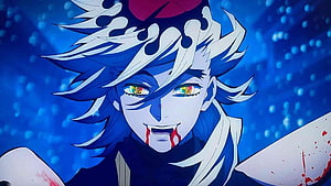 Doma from Demon Slayer with white hair and blood on a blue background HD wallpaper