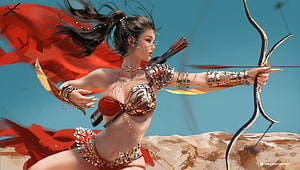 WLOP Fantasy Archer Woman in Red Armor and Flowing Fabric, Lylian, red, archer, girl, blue, frumusete, art, fantasy, wlop, luminos, princess HD wallpaper