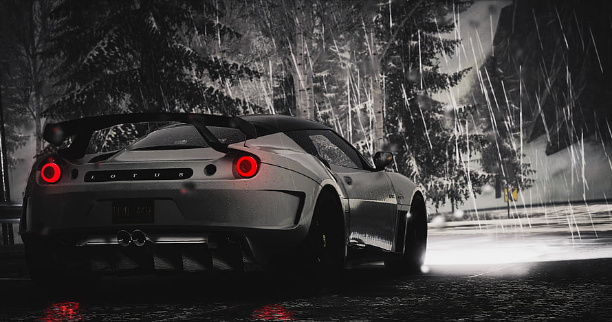 Silver Lotus Exige Rear View on Rainy Forest Road at Night HD wallpaper