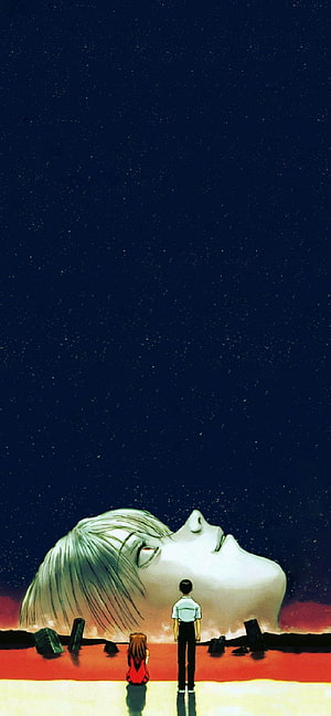 Neon Genesis Evangelion Shinji and Asuka Gazing at Giant Rei Ayanami Head Under Starry Night Sky HD phone wallpaper