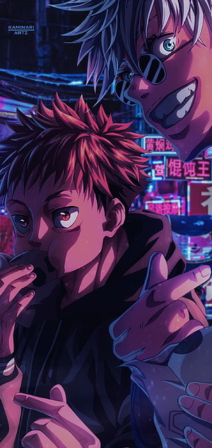 Jujutsu Kaisen Anime Artwork Featuring Yuji Itadori and Satoru Gojo in Neon City HD phone wallpaper