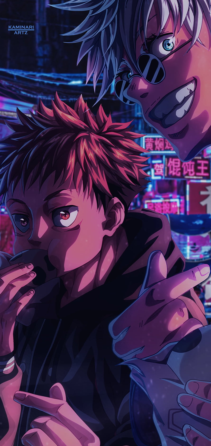 Jujutsu Kaisen Anime Artwork Featuring Yuji Itadori and Satoru Gojo in Neon City HD phone wallpaper