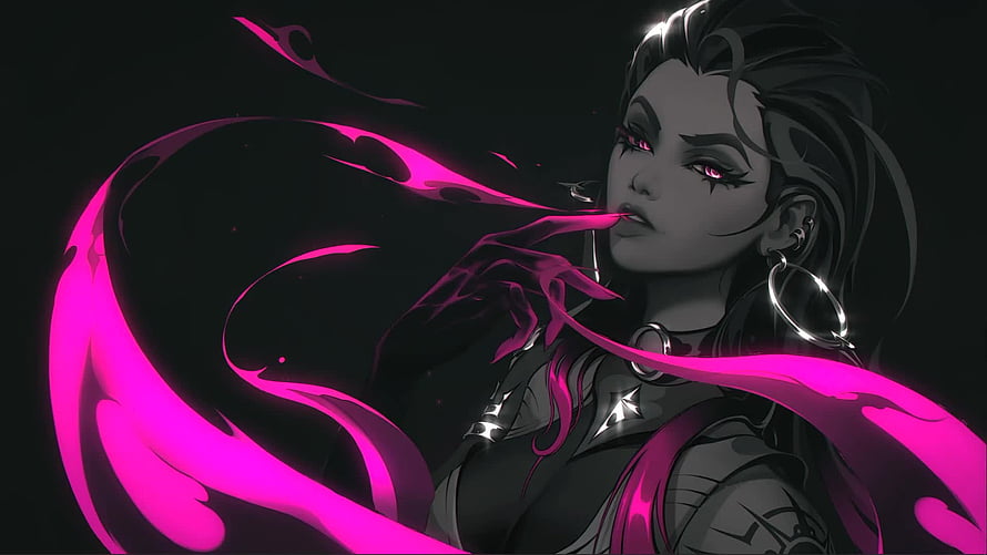 Reyna from Valorant with glowing magenta energy tendrils in dark stylized digital art HD wallpaper