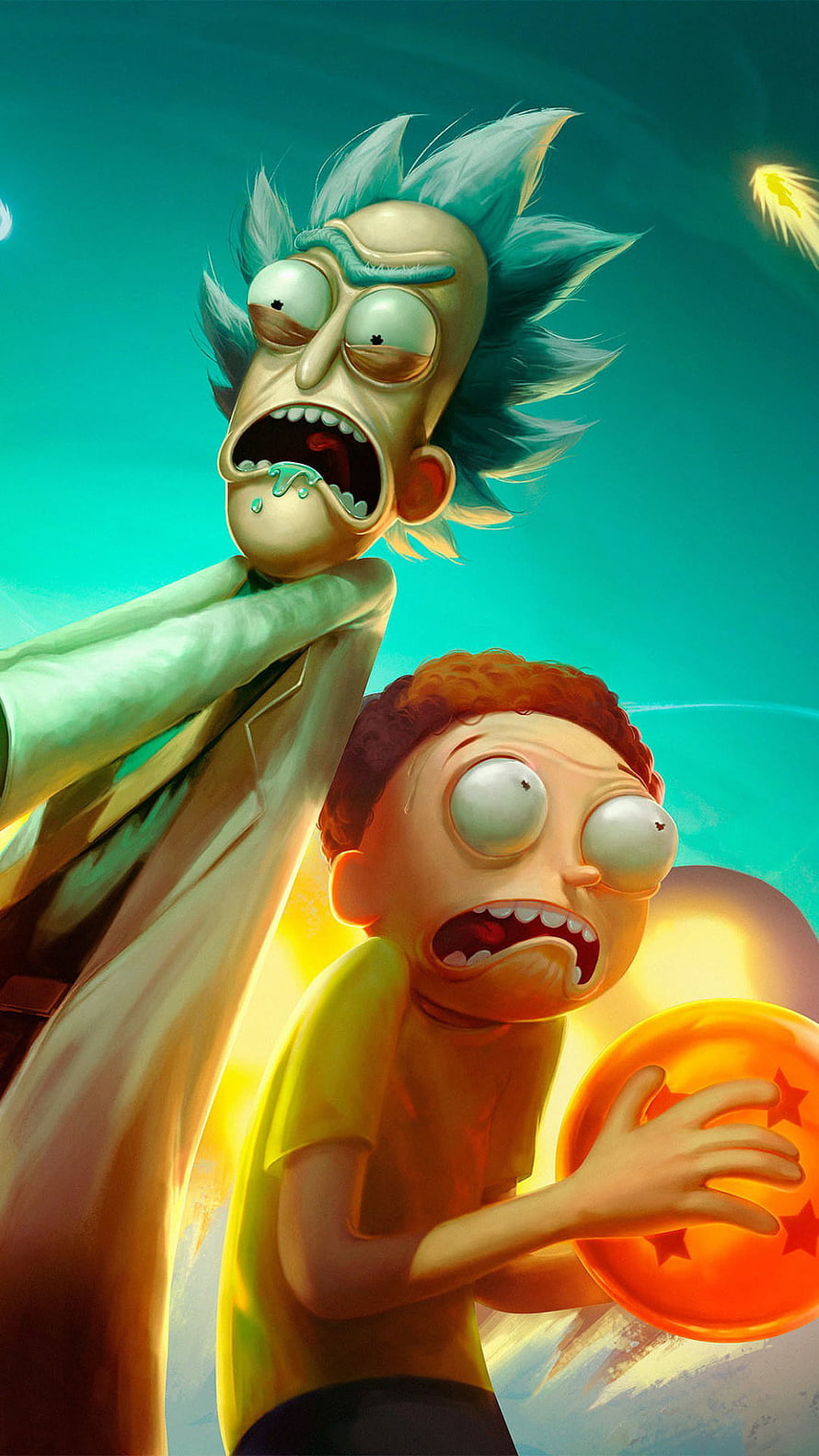 Rick Sanchez and Morty Smith holding a glowing orange dragon ball in a dramatic sci-fi adventure scene HD phone wallpaper