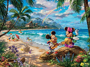 Mickey and Minnie Mouse Tropical Beach Scene with Rainbow and Palm Trees HD wallpaper