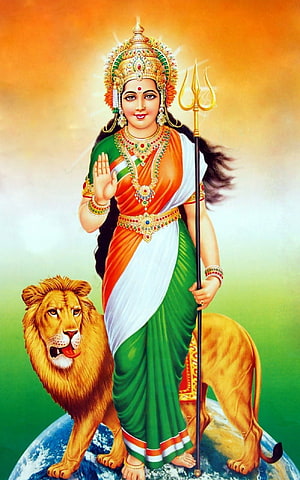 Goddess Durga in Indian Flag Saree Standing on Earth with Lion and Trishul HD phone wallpaper