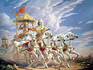 Arjuna and Krishna in the Chariot from the Mahabharata Epic HD wallpaper