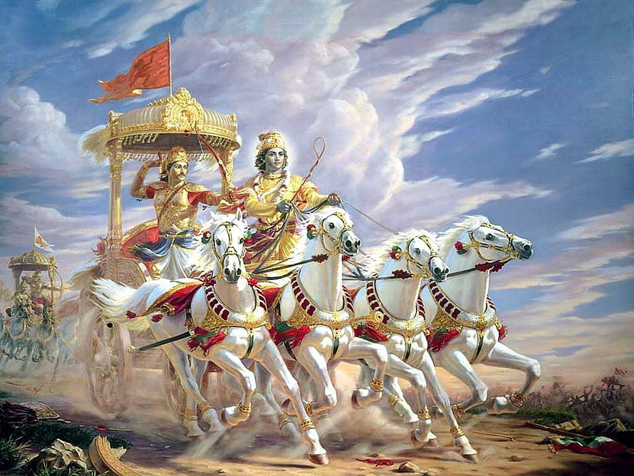 Arjuna and Krishna in the Chariot from the Mahabharata Epic HD wallpaper