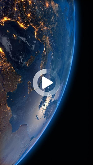 Earth From Space At Night With City Lights And Play Button Overlay HD phone wallpaper
