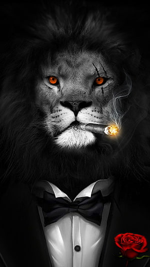Majestic Lion in Tuxedo Smoking Cigar with Red Rose and Glowing Eyes HD phone wallpaper