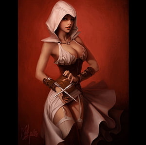 Female Assassin in White Hood and Corset Holding Dual Daggers HD wallpaper