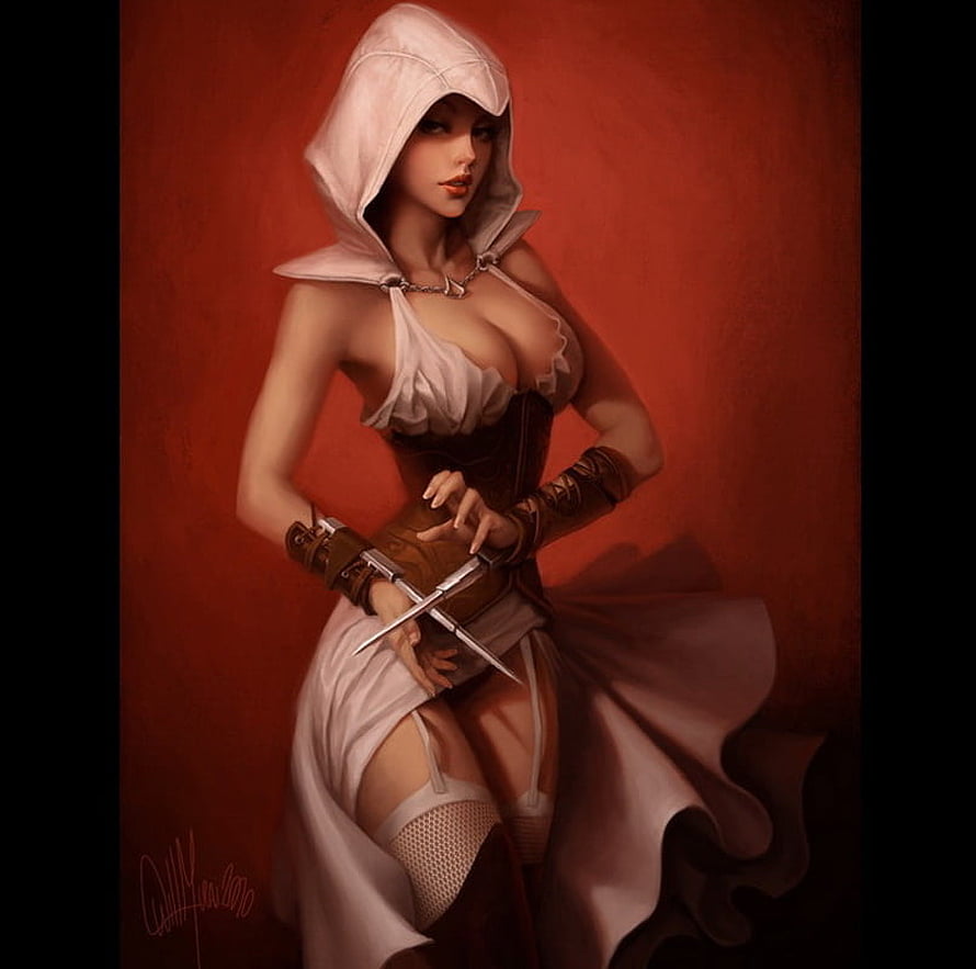 Female Assassin in White Hood and Corset Holding Dual Daggers HD wallpaper