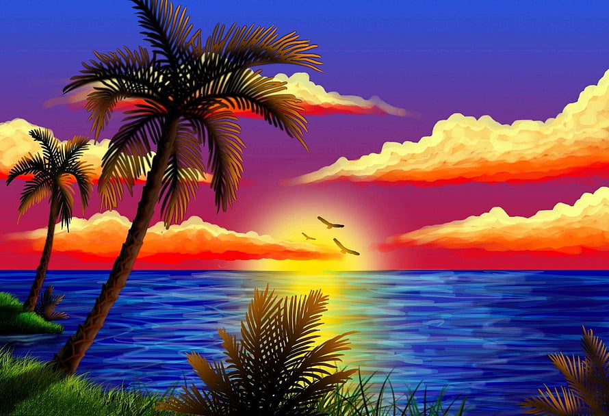 Vibrant Digital Painting of Tropical Palm Trees at Ocean Sunset HD wallpaper