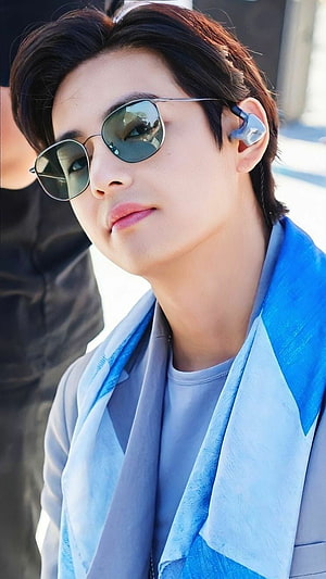 Jin from BTS wearing sunglasses and a blue scarf HD phone wallpaper