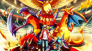 Legendary Pokemon Team with Ash and Mega Evolutions in Arena HD wallpaper