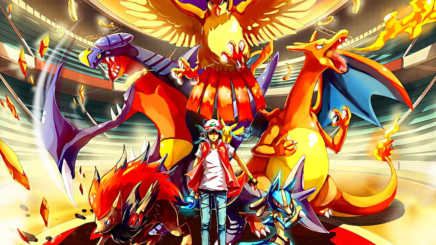 Legendary Pokemon Team with Ash and Mega Evolutions in Arena HD wallpaper
