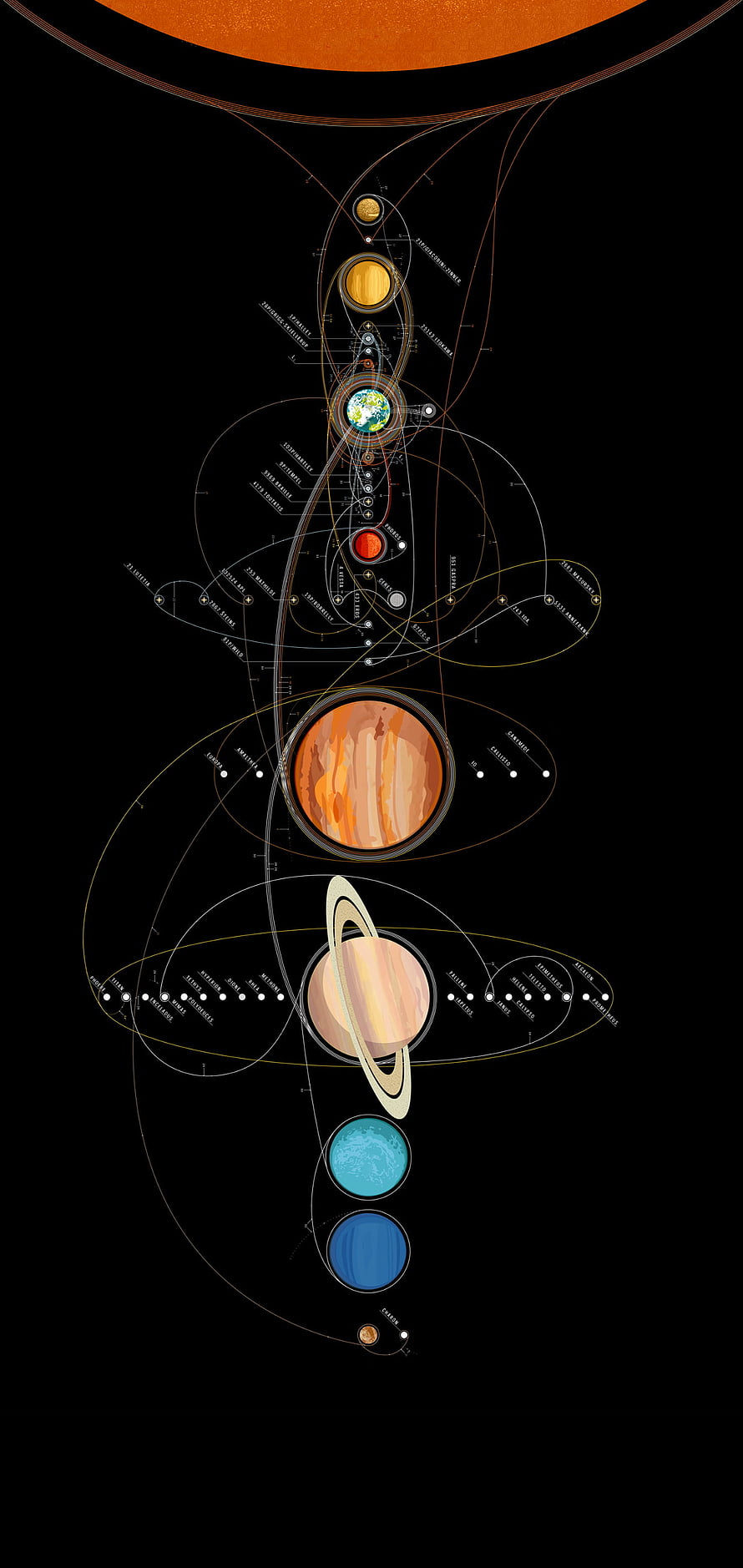 Vertical Solar System Diagram with Planets and Orbital Paths on Black Background HD phone wallpaper
