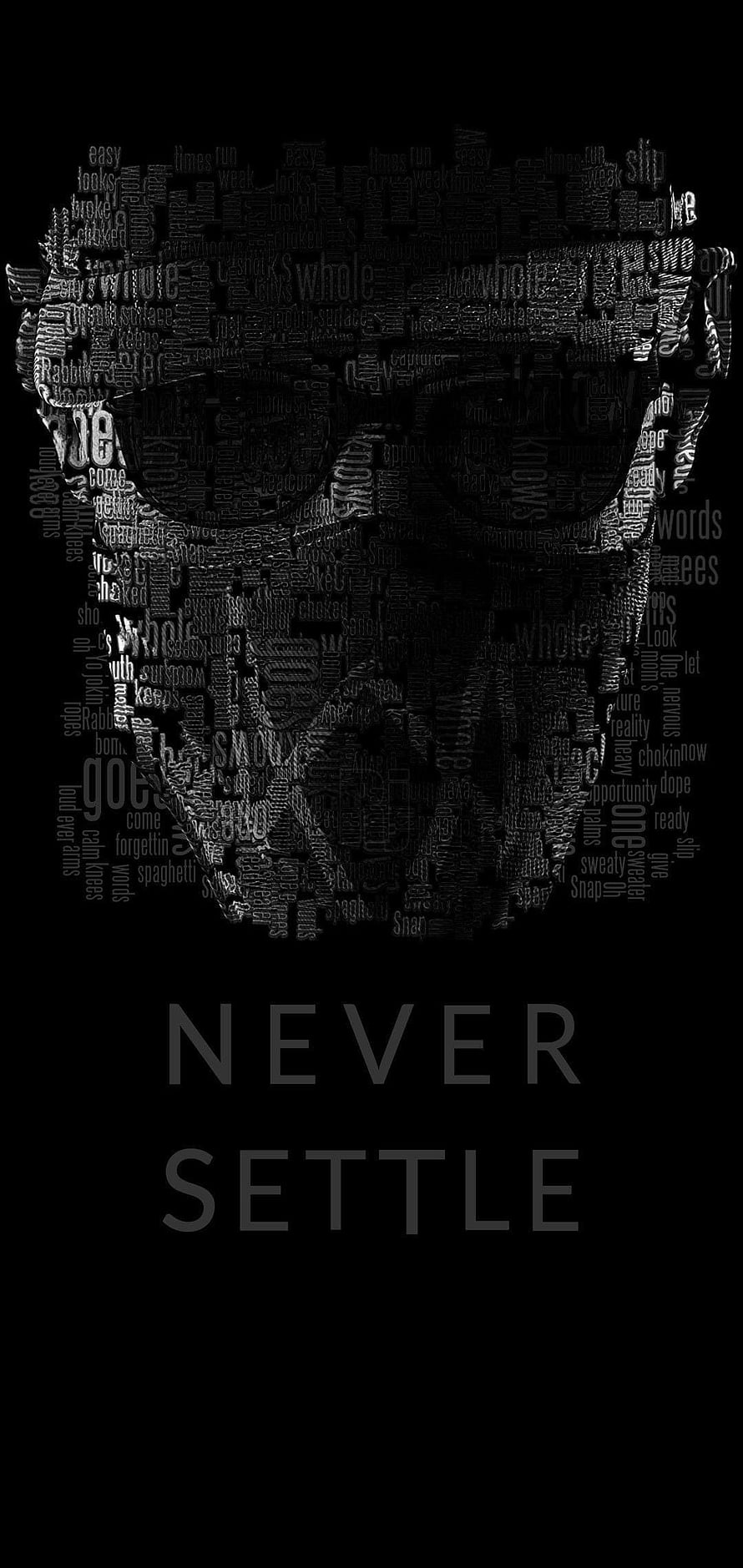OnePlus Never Settle Word Cloud Skull Dark Minimalist Wallpaper HD phone wallpaper