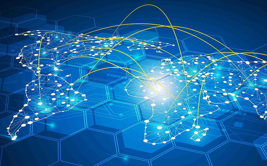 Global Digital Network Map with Hexagonal Tech Background and Data Connections HD wallpaper