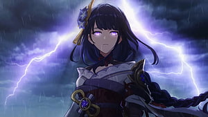 Raiden Shogun Genshin Impact Anime Wallpaper Purple Lightning Storm HD wallpaper