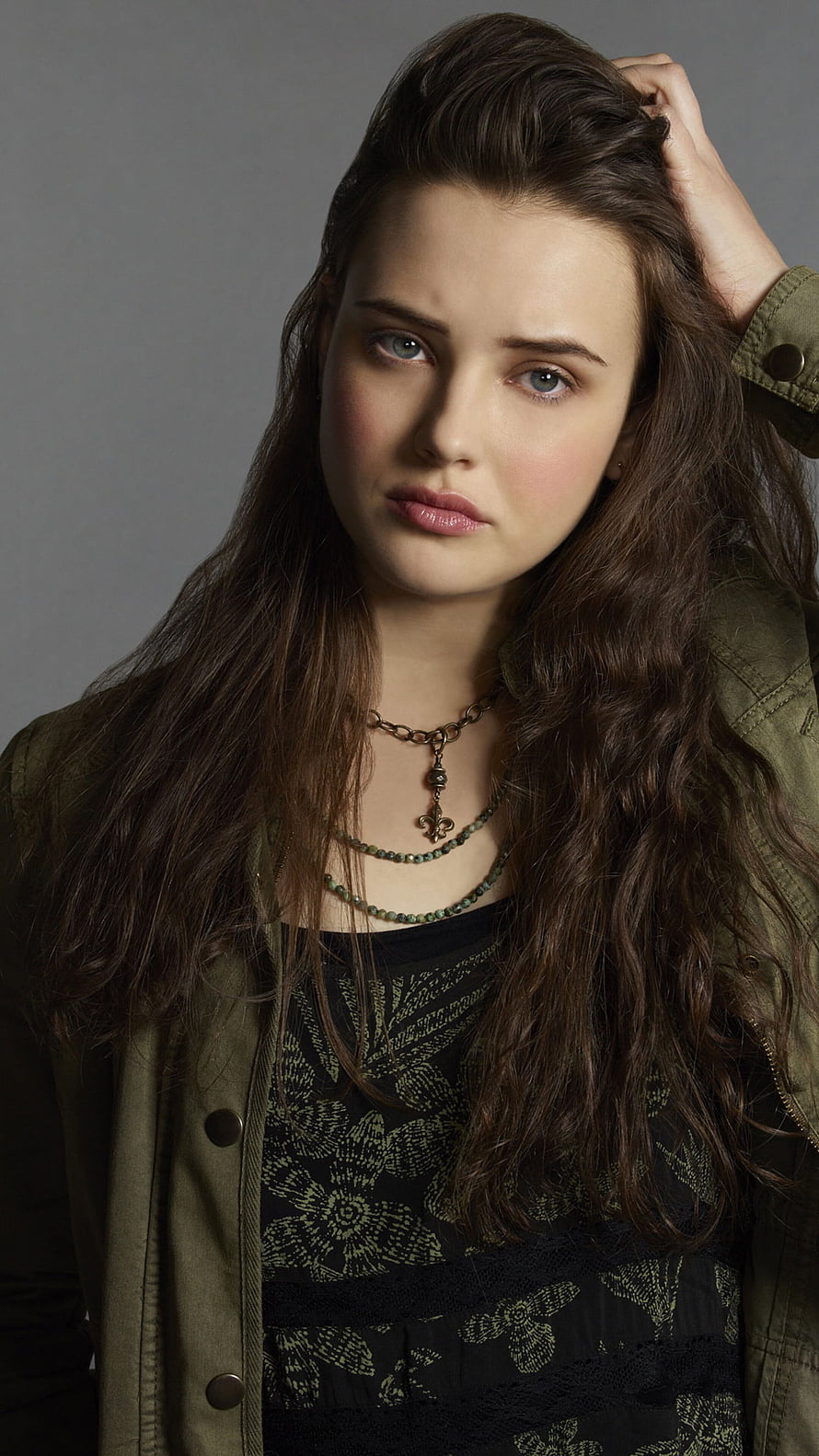 Katherine Langford Portrait in Olive Jacket and Layered Necklaces HD phone wallpaper