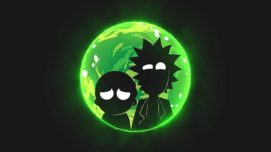 Rick and Morty Silhouette Against Glowing Green Planet HD wallpaper