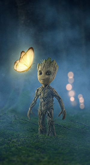 Baby Groot Marvel Character Standing in Forest with Glowing Butterfly HD phone wallpaper