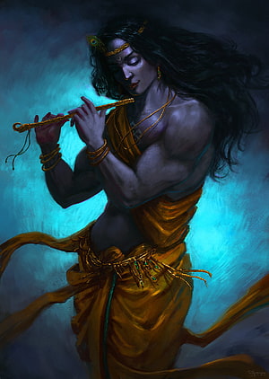 Krishna Playing Flute Digital Art Wallpaper HD phone wallpaper