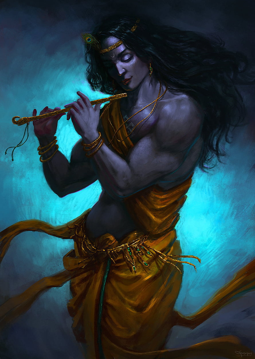 Krishna Playing Flute Digital Art Wallpaper HD phone wallpaper