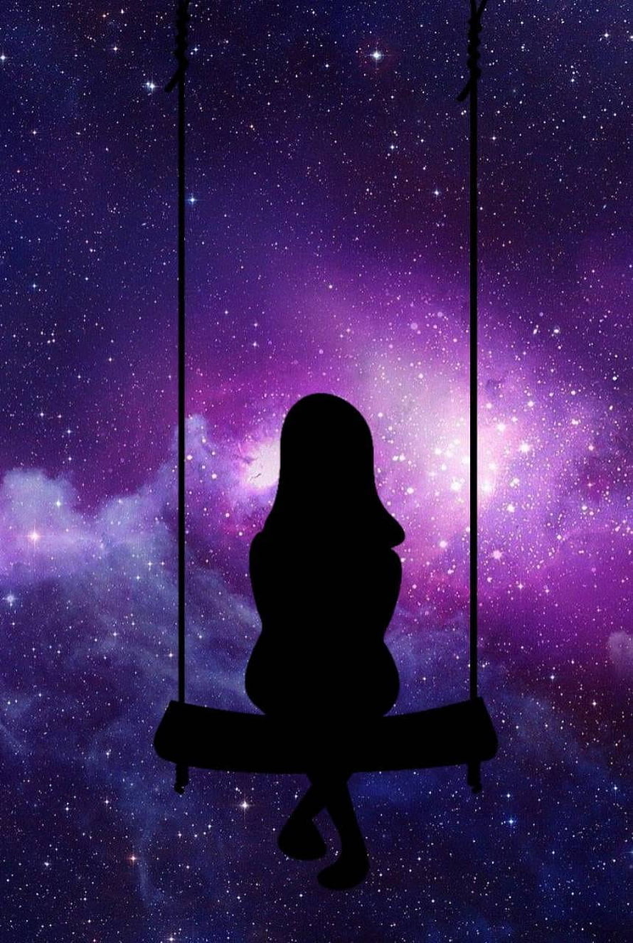 Silhouette of a Girl on a Swing Against a Purple Galaxy Background HD phone wallpaper