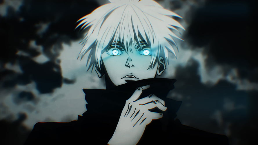 Gojo Satoru from Jujutsu Kaisen with glowing blue eyes and white hair in dark anime style HD wallpaper