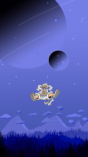 Luffy Flying Through Night Sky With Giant Moon And Mountains HD phone wallpaper