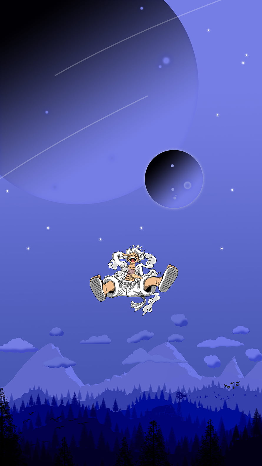 Luffy Flying Through Night Sky With Giant Moon And Mountains HD phone wallpaper