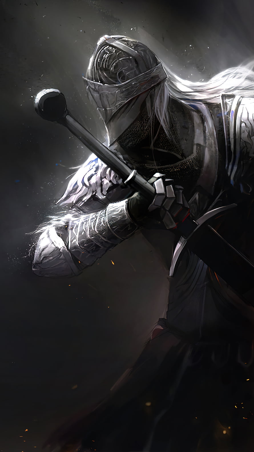 Dark Fantasy Knight in Silver Armor Wielding a Greatsword in a Dramatic Battle Scene HD phone wallpaper