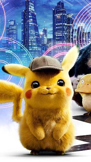 Detective Pikachu wearing a deerstalker hat in a futuristic neon city with partners HD phone wallpaper