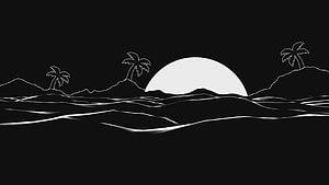 Minimalist Black and White Line Art of a Tropical Beach Sunset with Palm Trees HD wallpaper