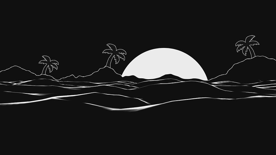 Minimalist Black and White Line Art of a Tropical Beach Sunset with Palm Trees HD wallpaper