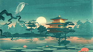 Japanese Pagoda and Heron in Serene Moonlit Pond Landscape HD wallpaper